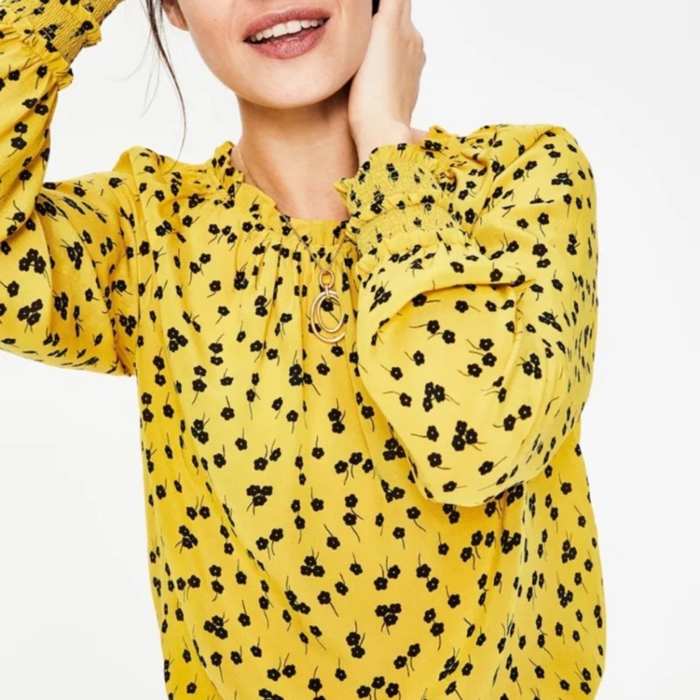 Boden Women’s Size 2 Yellow Floral Print High Neck Long Sleeve Blouse